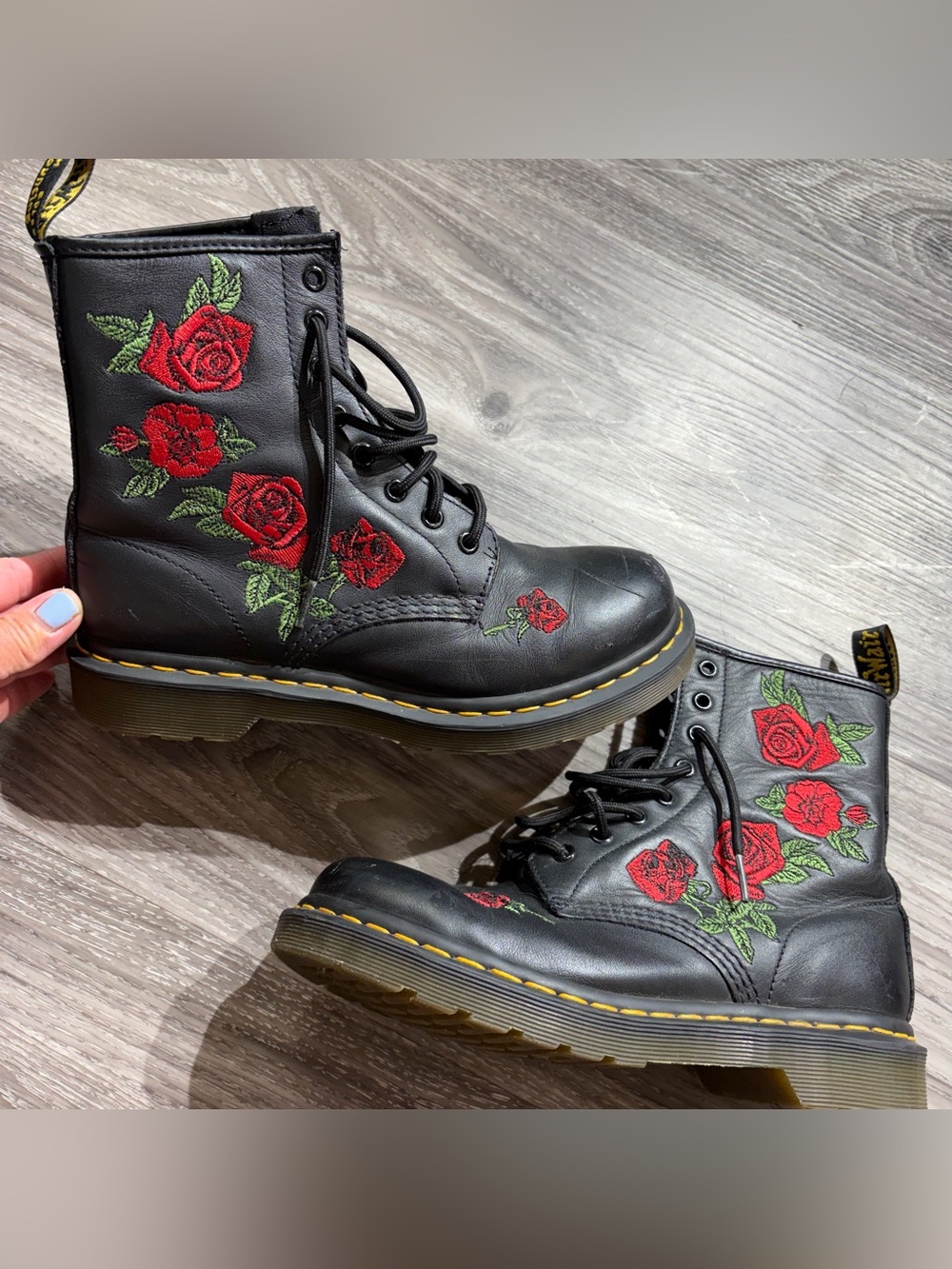 Dr. Martens Black Leather Lace-Up Boots with Red Rose Embroidery 8
